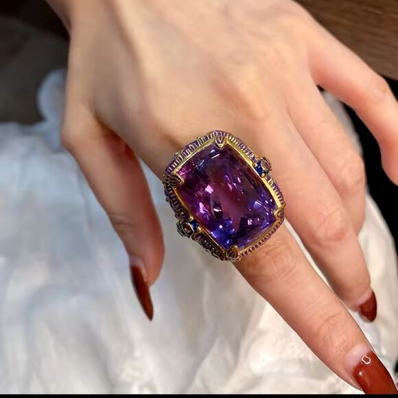 Vintage Inspired Large Amethyst Ring with Gold Detailing - Picture 3 of 14